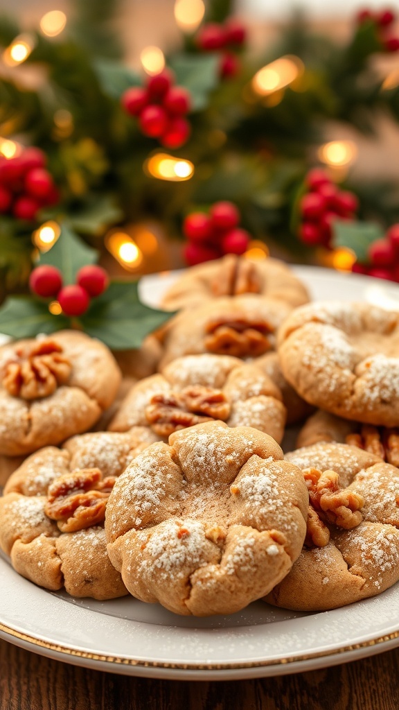 A plate of walnut Christmas cookies dusted with powdered sugar, surrounded by holiday decorations.